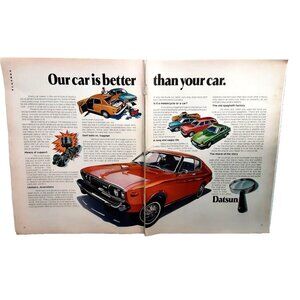 1974 Datsun Our Car Is Better 2 Page Print Ad vintage 70s